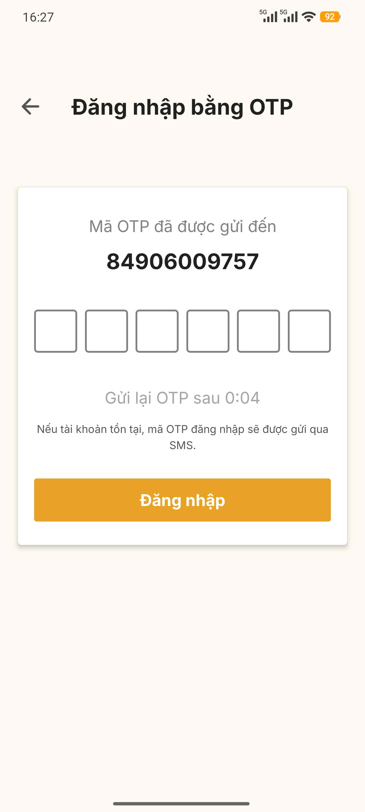 Màn hình nhập OTP trên App